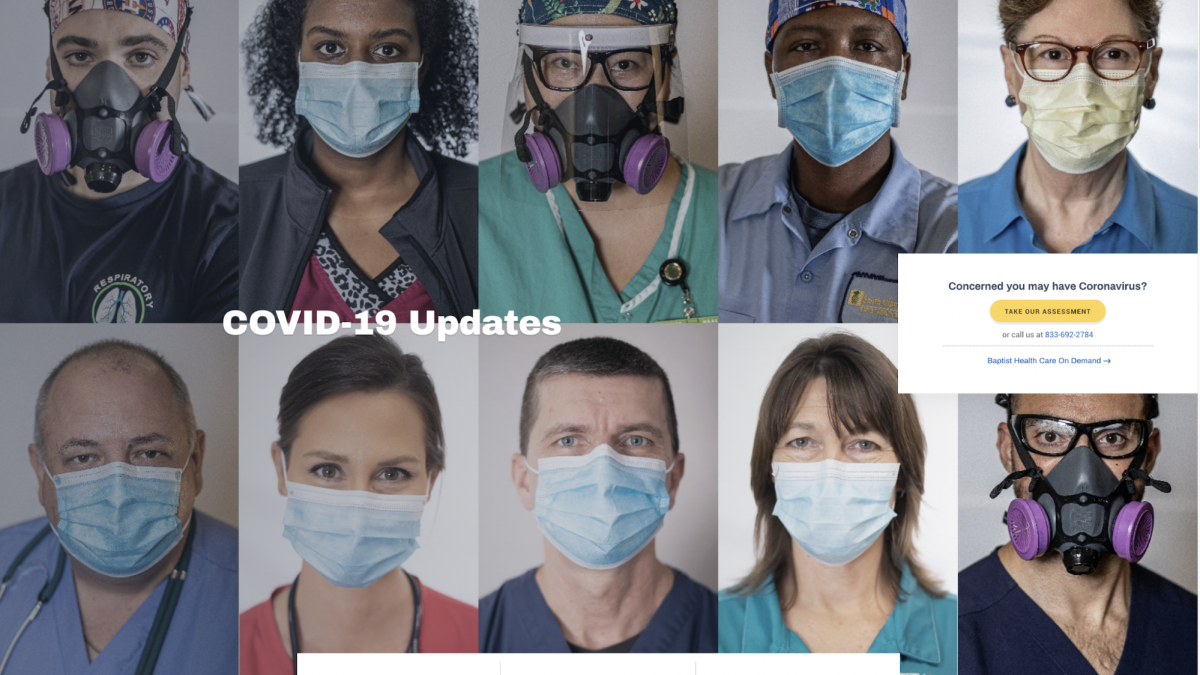 Baptist Health's COVID-19 resources portal home page with photos of health care professionals wearings masks
