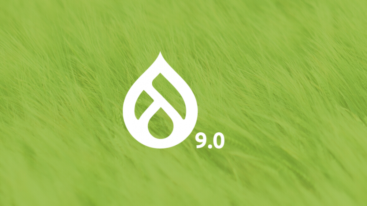 Drupal 9 logo against a backdrop of green grass