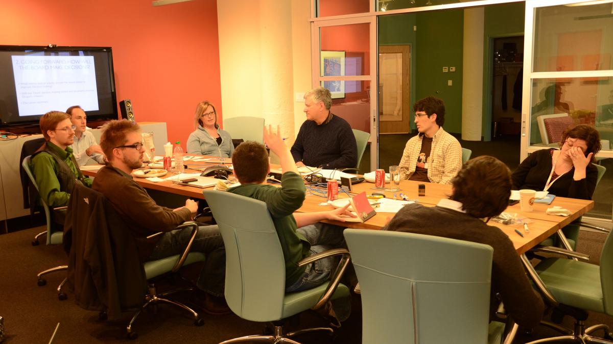 Photo of Drupal Association board and advisors meeting at Palantir's office in March of 2011