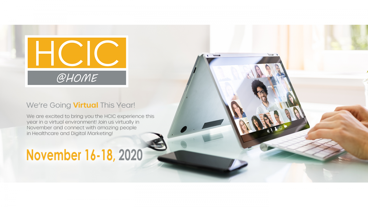 HCIC logo with a photo of a person on a video conferencing call.
