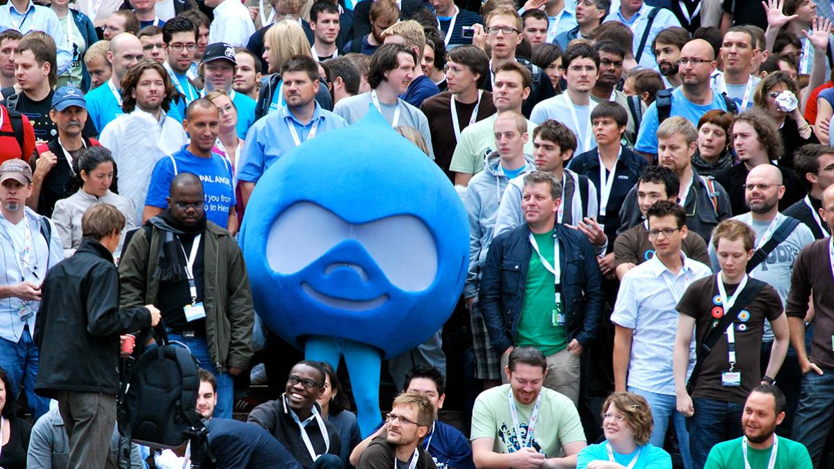 A group of people standing around a person in a blue Druplicon costume