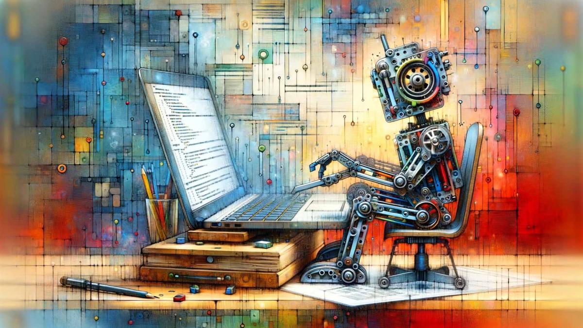 A colorful, artistic rendering of a whimsical robot made from erector set parts, seated at a desk and typing on a laptop. The robot, featuring metal rods, gears, and bolts, embodies a playful fusion of creativity and technology. Its mechanical arms are engaged with the laptop keyboard, and the screen displays lines of code or a software interface. The background is an abstract, vibrant depiction of a workspace, with soft, blurred outlines of shelves, books, and technological gadgets