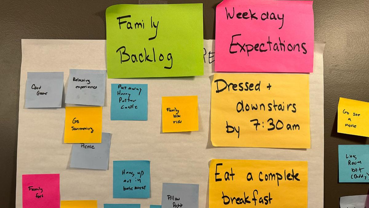 A whiteboard with colorful sticky notes listing family activities and chores for the week. The sticky notes are divided into sections labeled 'Weekday Expectations,' 'Family,' and 'Backlog.' Activities include go swimming, picnic, build a family fort, put away games, and eat breakfast.