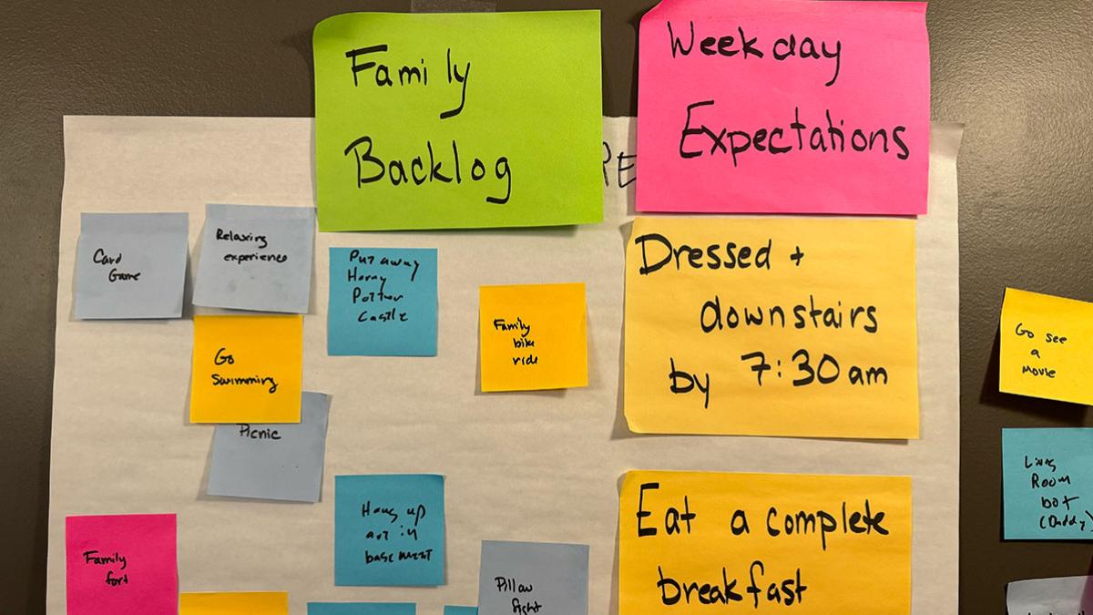 A whiteboard with colorful sticky notes listing family activities and chores for the week.  The sticky notes are divided into sections labeled 'Weekday Expectations,' 'Family,' and 'Backlog.' Activities include go swimming, picnic, build a family fort, put away games, and eat breakfast. 