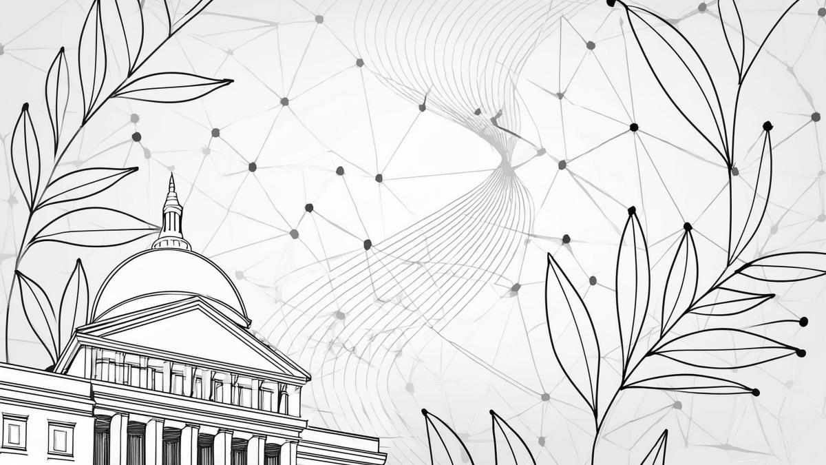 Black and white line drawing of a classic government building with a stylized network overlay