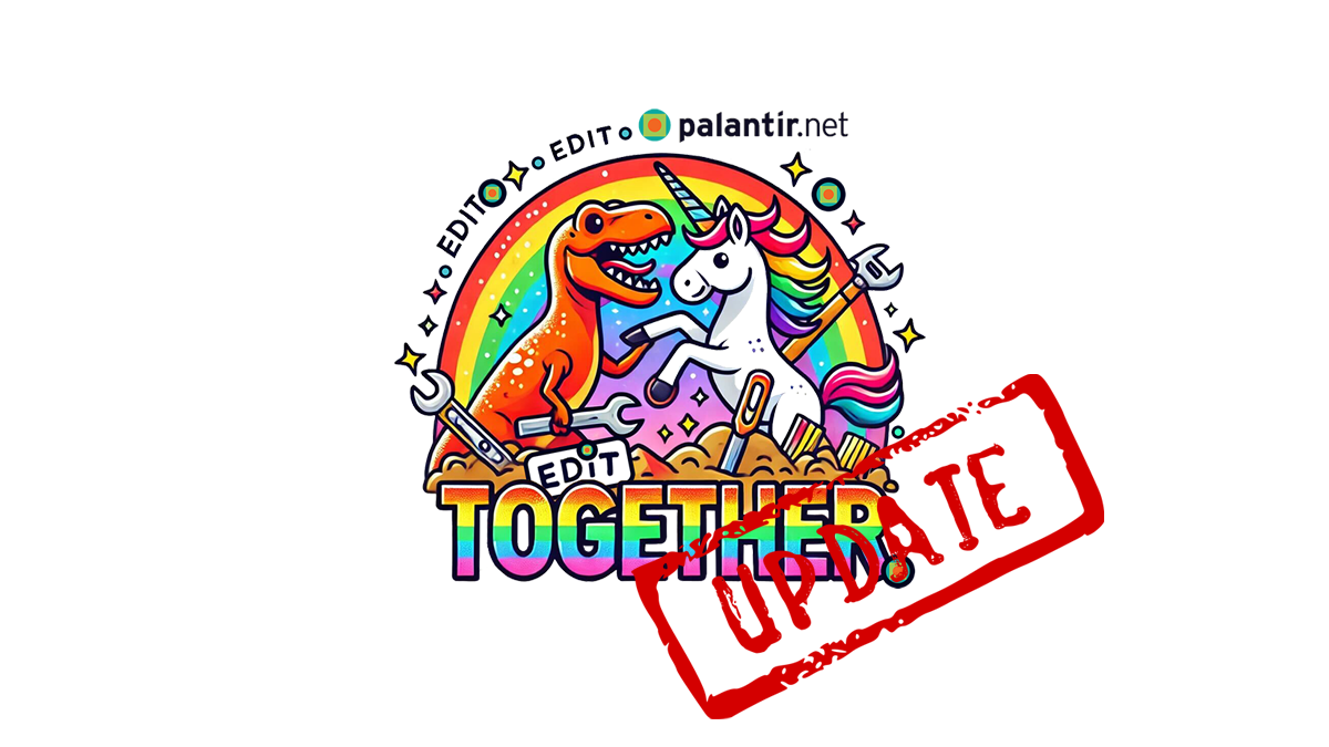 A cartoon dinosaur and unicorn stand side-by-side, holding tools, with a rainbow behind them and the text 'EDIT TOGETHER ' in a colorful, graffiti-style font below. A red stamp with 'UPDATE' diagonally across the bottom right corner.