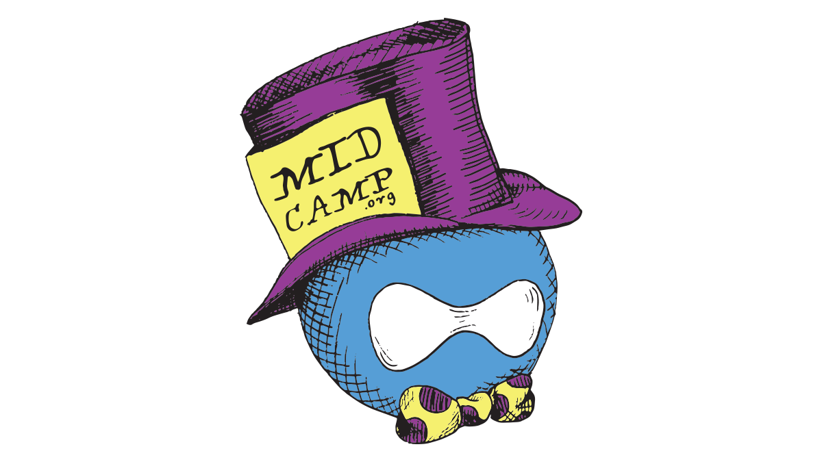 Illustration of the Druplicon with a purple top hat and a yellow tag that reads "MID CAMP .org". It has a white bowtie with yellow and purple spots.