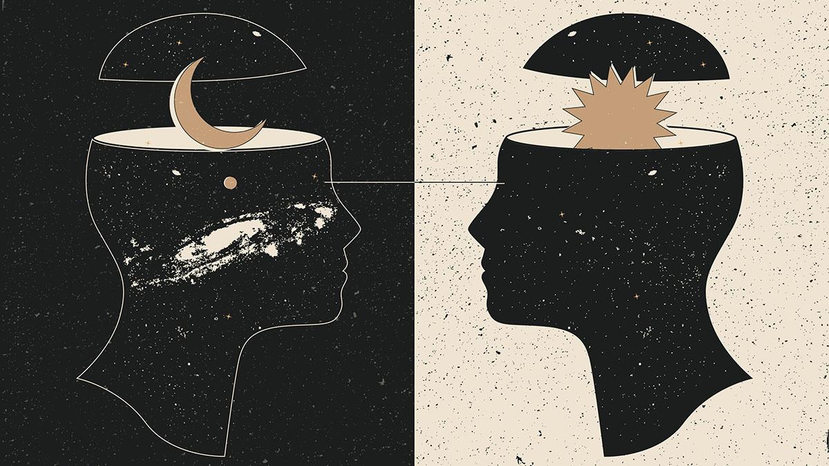Two silhouetted heads face each other. One head contains a crescent moon and stars under a dome, representing night. The other head has a radiant sunburst emerging, symbolizing day. A horizontal line connects their gazes.