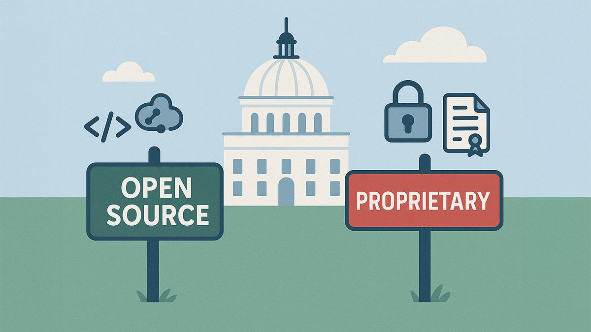 A flat-style digital illustration showing a white neoclassical government building centered in a grassy landscape under a blue sky with clouds. On the left side, a green sign labeled “OPEN SOURCE” is accompanied by cloud and code symbols. On the right, a red sign labeled “PROPRIETARY” appears alongside a padlock and certificate icon.