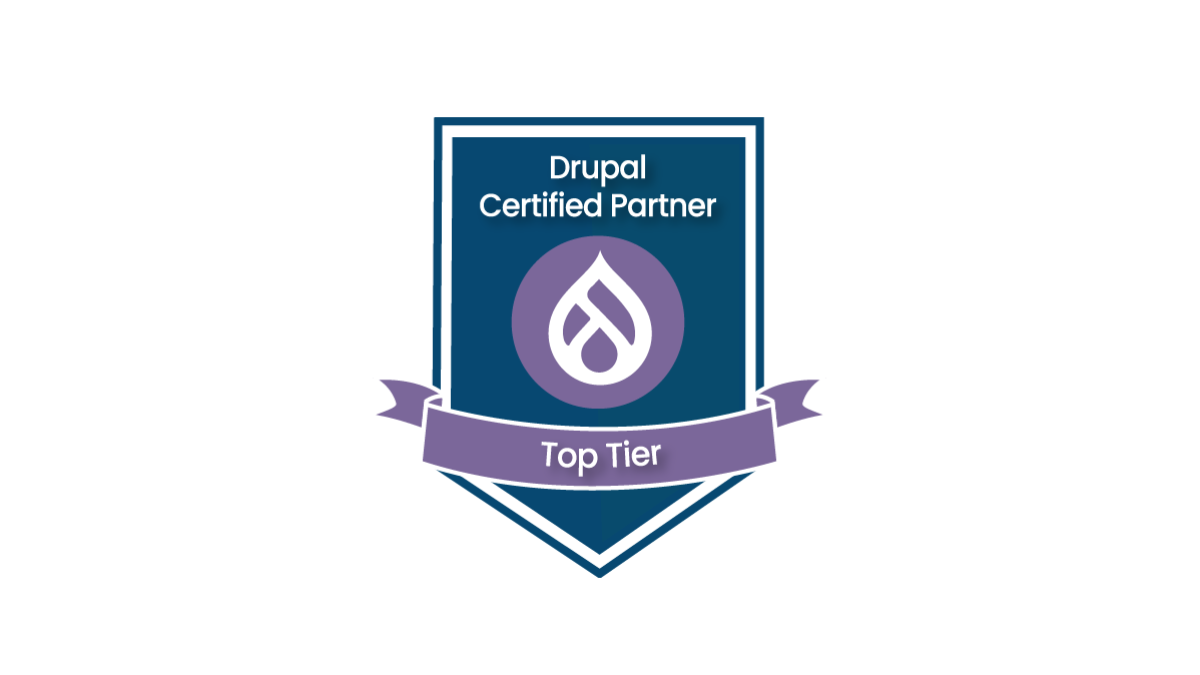 A dark blue, shield-shaped badge for a "Drupal Certified Partner". It features the purple Drupal drop logo and a purple ribbon at the bottom with the text "Top Tier".