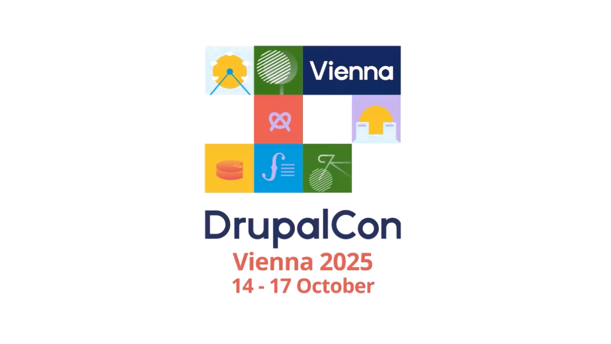The logo for DrupalCon Vienna 2025, featuring a grid of colorful abstract icons with "Vienna" in a blue box above "DrupalCon" and the dates "14 - 17 October" below.