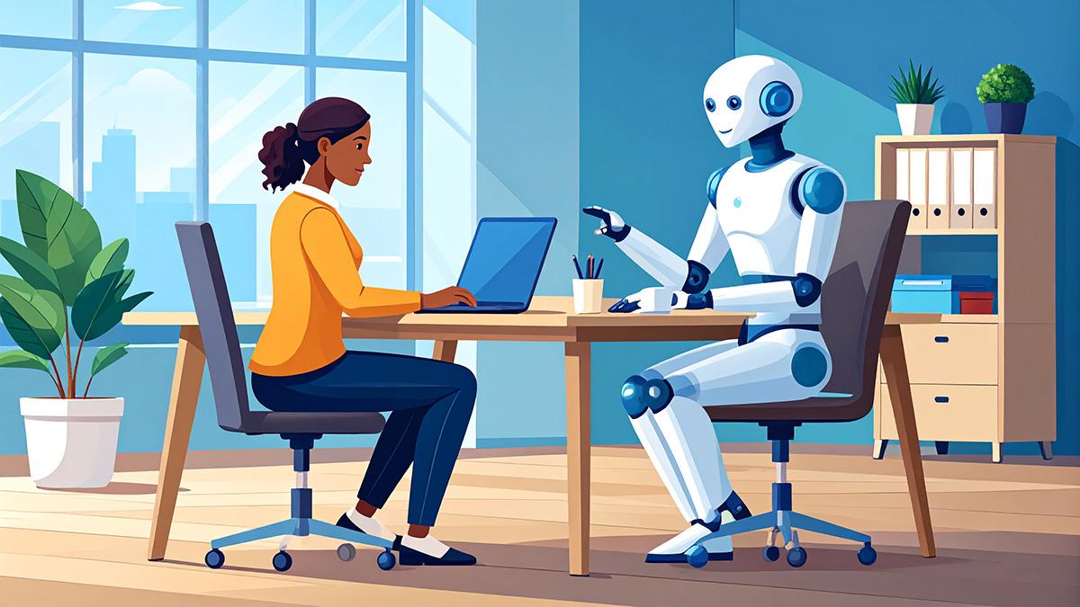 Illustration of a woman sitting at a desk and talking with a humanoid robot in a modern office. The woman is using a laptop while the robot gestures as if explaining something. Large windows let in daylight, and plants and office furniture are visible in the background.