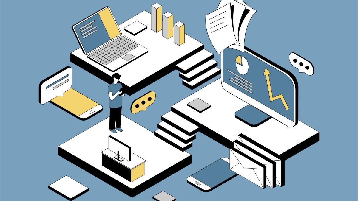 Isometric illustration of a digital workspace featuring a person using a phone amidst floating platforms. The platforms display business tools: a laptop with bar graphs, a monitor showing data analytics and charts, and mobile devices with email and chat icons.