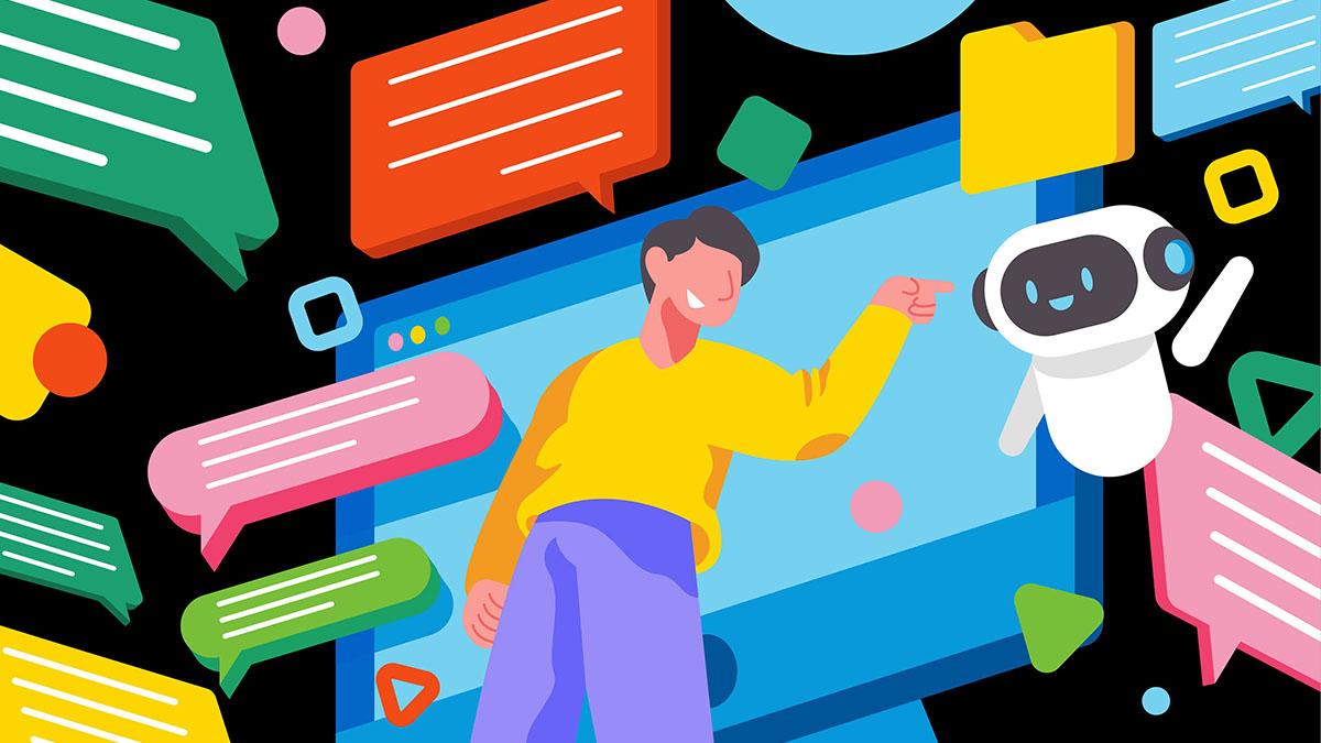 A vibrant flat-style illustration on a black background showing a man in a yellow shirt interacting with a friendly white robot. They are surrounded by colorful speech bubbles, floating shapes, and a computer monitor.