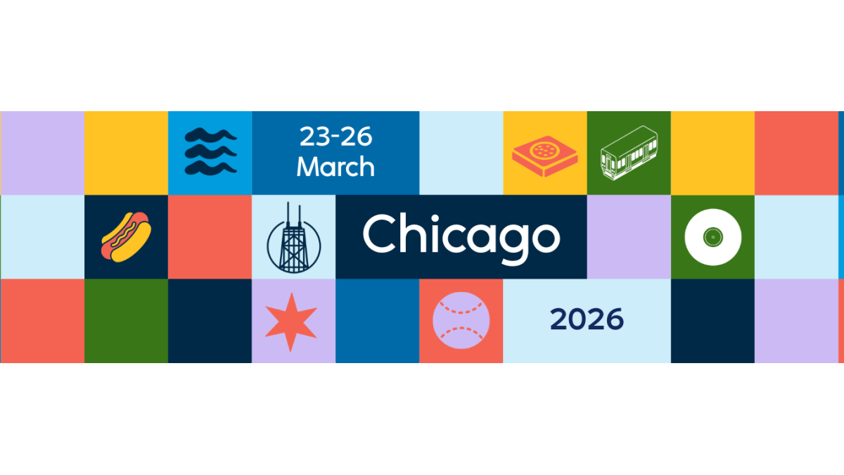 A colorful grid of squares featuring icons and text for DrupalCon Chicago 2026. Icons include a Chicago-style hot dog, Willis Tower, a baseball, waves, and a train. Text reads "Chicago," "23-26 March," and "2026." The design uses a vibrant palette of blue, red, green, and yellow.