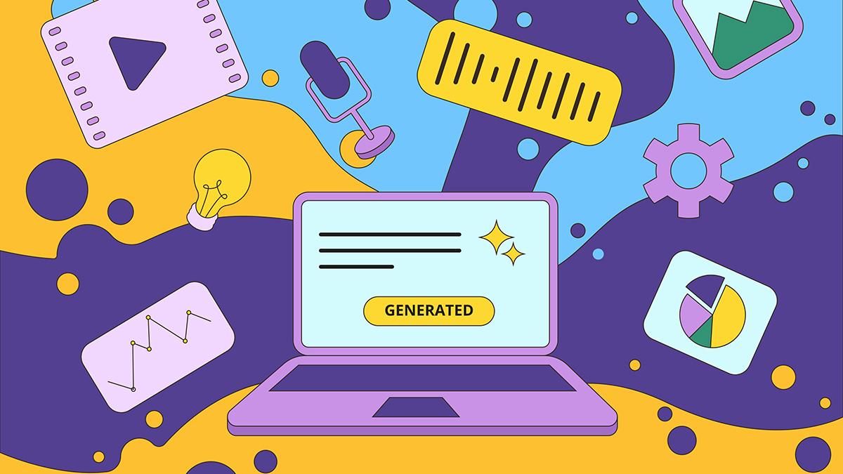 Colorful flat illustration of a laptop with a "GENERATED" button on screen, surrounded by floating icons for video, audio, charts, and ideas. The background features abstract wavy shapes in purple, yellow, and blue, representing digital content creation and AI generation.
