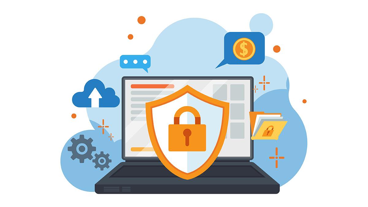 A flat-style illustration of a laptop with an orange shield and padlock icon on the screen, representing cybersecurity. Surrounding the laptop are icons for cloud uploading, settings gears, folders, chat bubbles, and a dollar sign, all set against a blue abstract background.