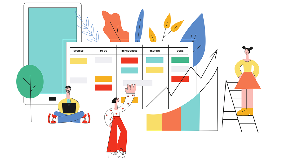 Colorful illustration of a team managing a project. A Kanban board with columns like "Stories" and "To Do" sits behind stylized people using a laptop, a ladder, and analyzing an upward-trending growth chart. A large smartphone and abstract plants frame the scene, symbolizing agile productivity.
