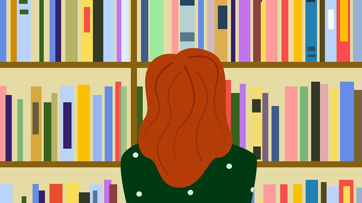A vibrant flat illustration of the back of a woman with long, wavy red hair looking at a bookshelf. The shelves are filled with colorful, abstract book spines in a variety of bright tones. She is wearing a dark green top with white polka dots.