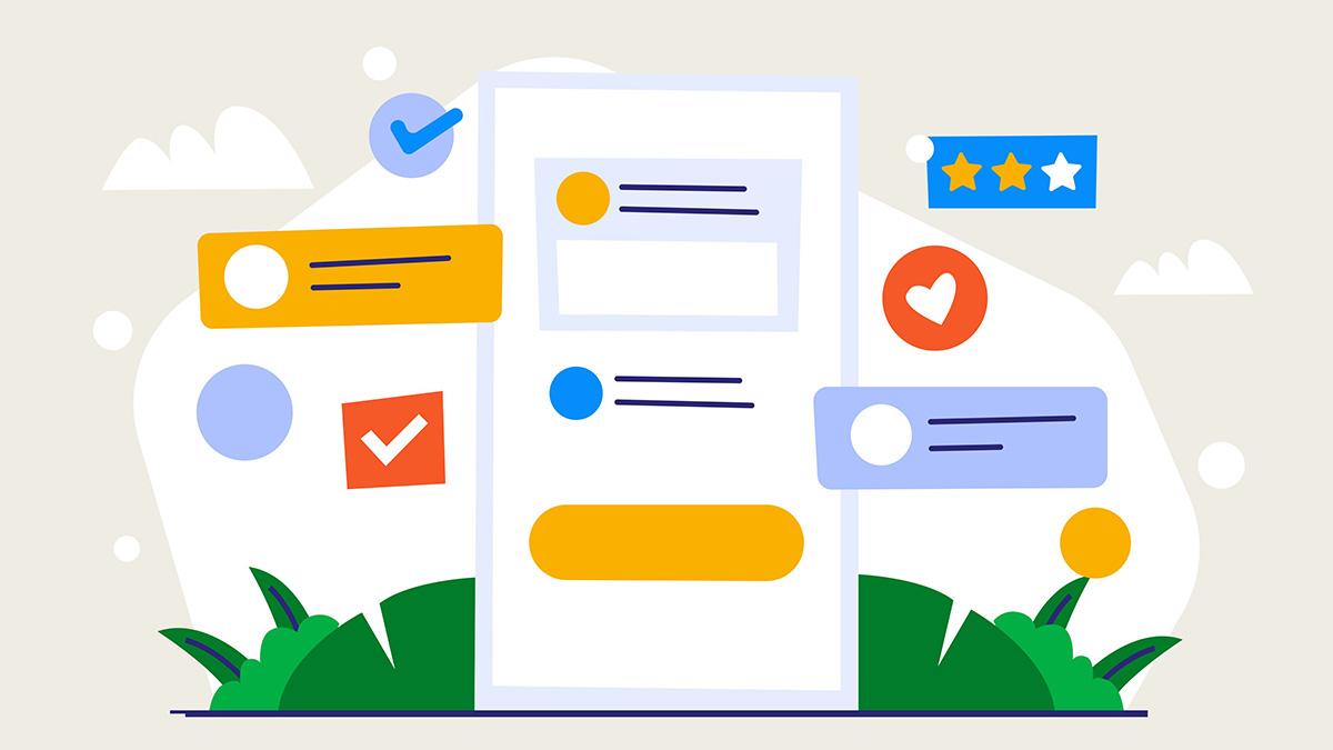 An abstract, flat-style 2D illustration of a smartphone screen surrounded by various floating UI elements and notifications.