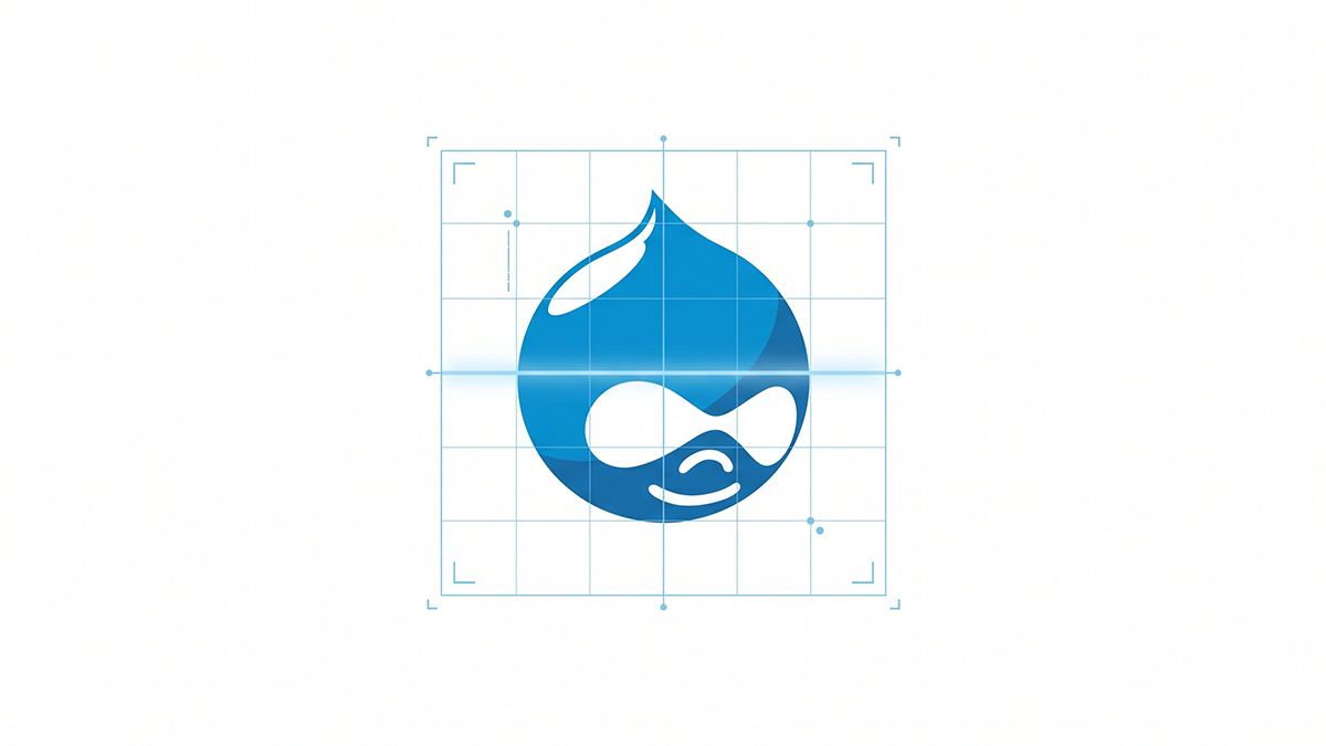 A minimalistic graphic featuring the Drupal logo—a stylized blue drop with a face—positioned in the center of a clean, light gray line scanning grid, set against a stark, solid white background.