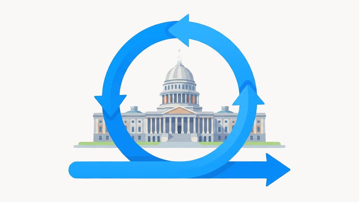A large, bright blue agile sprint cycle arrow looping around a classic government capitol building with a dome and pillars.