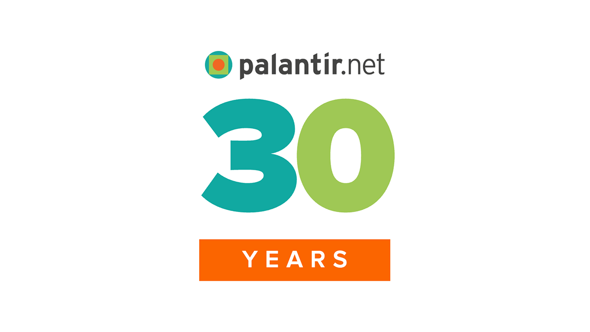 Palantir.net logo above a large number 30 in teal and green, with the word "YEARS" inside an orange banner.