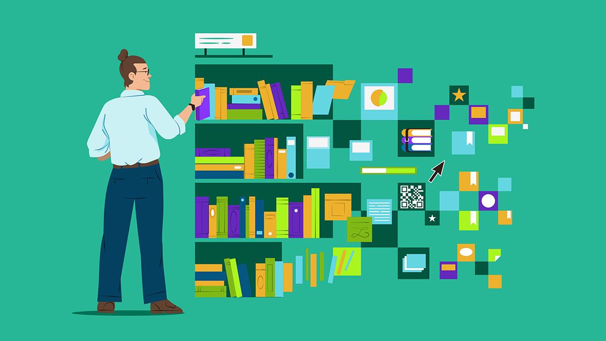 Flat illustration of a person taking a book from a bookshelf that seamlessly transitions into floating digital icons, UI tiles, and data visualization graphics.