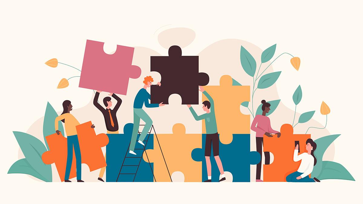Flat vector illustration of a diverse team of people collaborating to assemble oversized colorful puzzle pieces.
