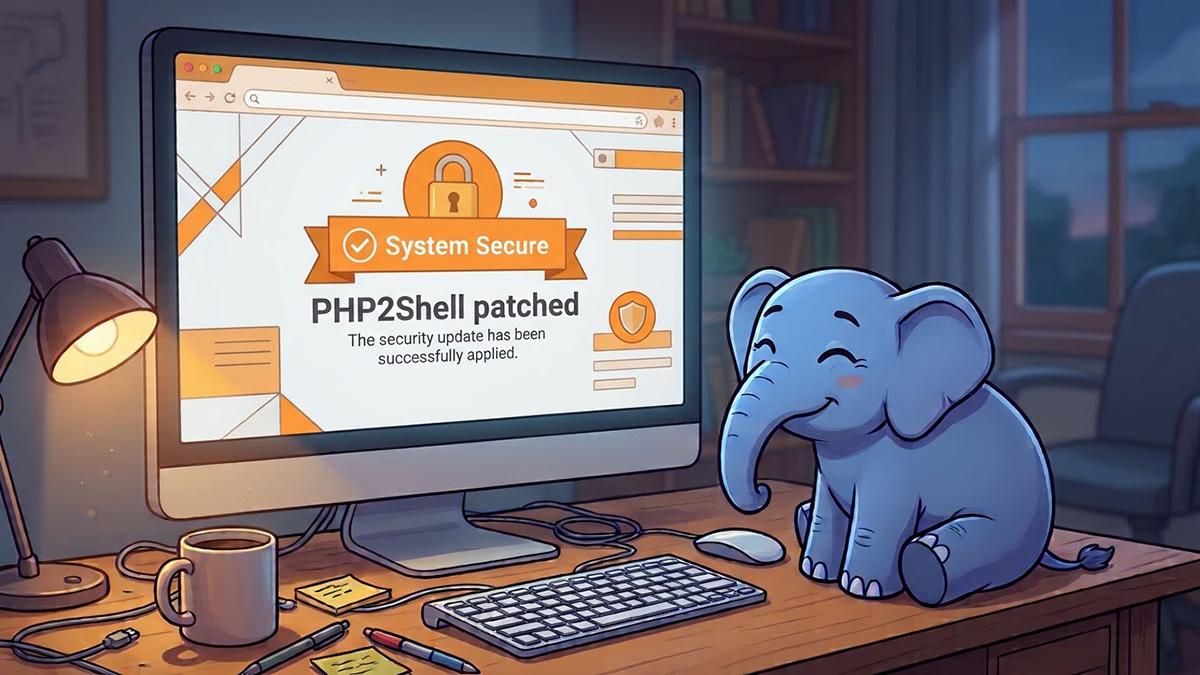 An illustrated blue elephant smiles at a desktop computer whose screen shows a padlock and the message “PHP2Shell patched: the security update has been successfully applied.”