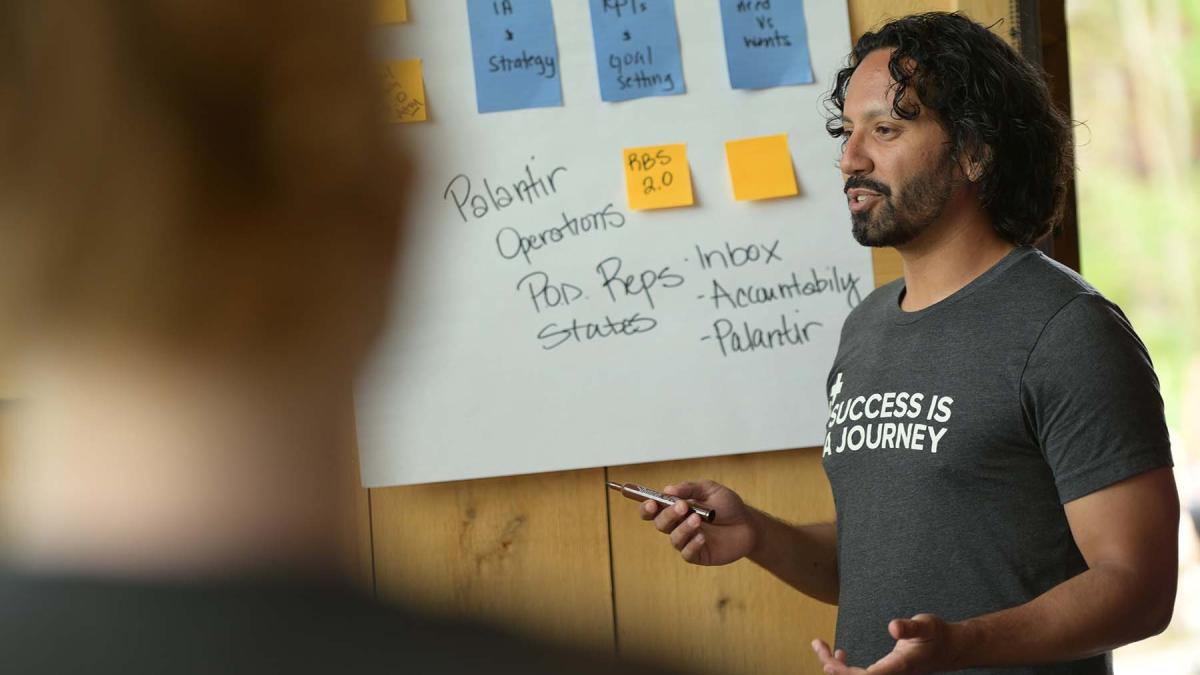 Profile view of a person holding a pen in his hand. He is wearing a tshirt that says, "Success is a Journey". On the wall behind him is a large white post-it sheet, with smaller post-it notes and writing in marker on it.