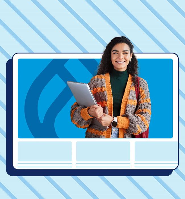 A smiling young woman with curly dark hair holds a silver tablet. She wears a dark green turtleneck, a striped orange and gray cardigan, and a watch. A red strap is visible over her shoulder. The background is blue with a stylized white and blue design. Below the main image are three light blue rectangular boxes outlined in white and separated by thin white lines. The overall background is light blue with diagonal white stripes.