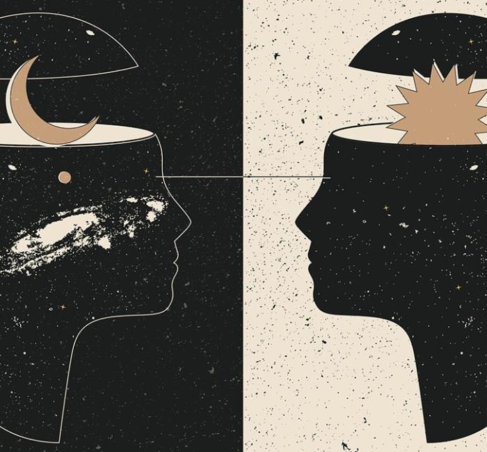 Two silhouetted heads face each other. One head contains a crescent moon and stars under a dome, representing night. The other head has a radiant sunburst emerging, symbolizing day. A horizontal line connects their gazes.