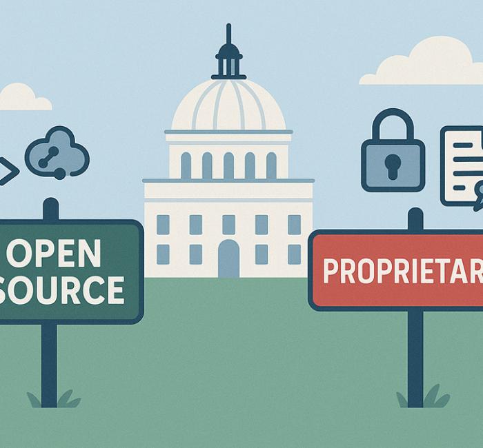 A flat-style digital illustration showing a white neoclassical government building centered in a grassy landscape under a blue sky with clouds. On the left side, a green sign labeled “OPEN SOURCE” is accompanied by cloud and code symbols. On the right, a red sign labeled “PROPRIETARY” appears alongside a padlock and certificate icon.