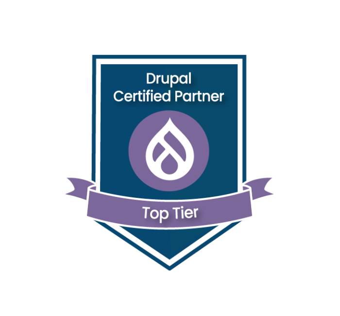 A dark blue, shield-shaped badge for a "Drupal Certified Partner". It features the purple Drupal drop logo and a purple ribbon at the bottom with the text "Top Tier".
