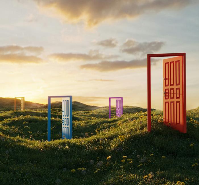 Multi colored abstract opening doors on grassy field on sunny summer day. (3d render)