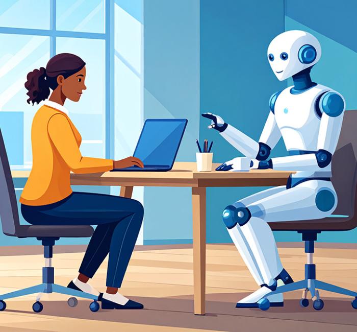 Illustration of a woman sitting at a desk and talking with a humanoid robot in a modern office. The woman is using a laptop while the robot gestures as if explaining something. Large windows let in daylight, and plants and office furniture are visible in the background.