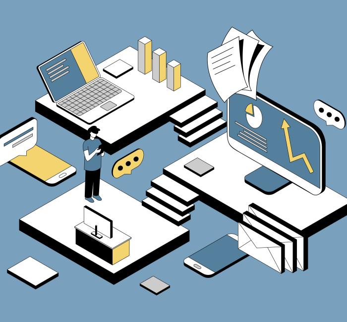 Isometric illustration of a digital workspace featuring a person using a phone amidst floating platforms. The platforms display business tools: a laptop with bar graphs, a monitor showing data analytics and charts, and mobile devices with email and chat icons.
