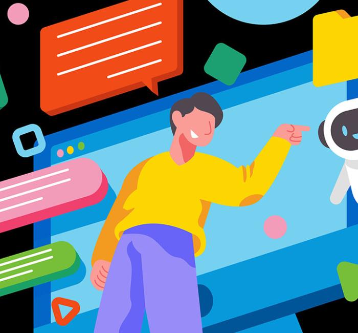 A vibrant flat-style illustration on a black background showing a man in a yellow shirt interacting with a friendly white robot. They are surrounded by colorful speech bubbles, floating shapes, and a computer monitor.