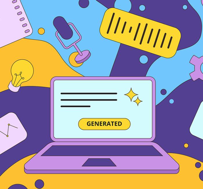 Colorful flat illustration of a laptop with a "GENERATED" button on screen, surrounded by floating icons for video, audio, charts, and ideas. The background features abstract wavy shapes in purple, yellow, and blue, representing digital content creation and AI generation.