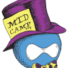 Druplicon mascot with a bow time and top hat with a label reading "Mid Camp.org"