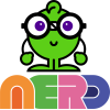 A cartoon image of a green alien with glasses. The word "NERD" appears below the alien in stylized text. 