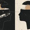 Two silhouetted heads face each other. One head contains a crescent moon and stars under a dome, representing night. The other head has a radiant sunburst emerging, symbolizing day. A horizontal line connects their gazes.