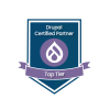 A dark blue, shield-shaped badge for a "Drupal Certified Partner". It features the purple Drupal drop logo and a purple ribbon at the bottom with the text "Top Tier".