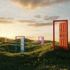 Multi colored abstract opening doors on grassy field on sunny summer day. (3d render)
