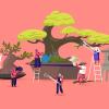 An illustration of several people collaboratively tending to oversized bonsai trees in large pots. Some individuals are trimming branches with oversized shears while others are watering, shaping, or photographing the trees. A stone lantern is placed on the right side, suggesting a Japanese garden setting. The background is a solid coral pink, giving the scene a clean, modern aesthetic.