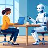 Illustration of a woman sitting at a desk and talking with a humanoid robot in a modern office. The woman is using a laptop while the robot gestures as if explaining something. Large windows let in daylight, and plants and office furniture are visible in the background.