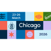 A colorful grid of squares featuring icons and text for DrupalCon Chicago 2026. Icons include a Chicago-style hot dog, Willis Tower, a baseball, waves, and a train. Text reads "Chicago," "23-26 March," and "2026." The design uses a vibrant palette of blue, red, green, and yellow.