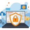 A flat-style illustration of a laptop with an orange shield and padlock icon on the screen, representing cybersecurity. Surrounding the laptop are icons for cloud uploading, settings gears, folders, chat bubbles, and a dollar sign, all set against a blue abstract background.