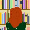 A vibrant flat illustration of the back of a woman with long, wavy red hair looking at a bookshelf. The shelves are filled with colorful, abstract book spines in a variety of bright tones. She is wearing a dark green top with white polka dots.